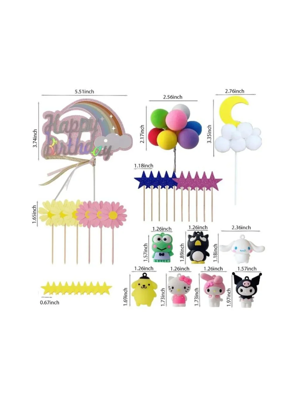 36pcs. Hello Kitty & Friends Cake Topper Set With Rainbow Theme For Birthday Par